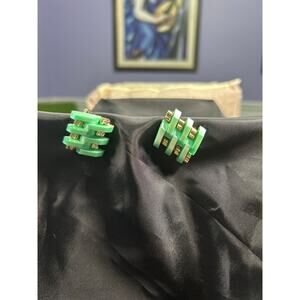 Vintage MCM Green Moonglow Lucite Metal Grid Abstract Clip On Earrings